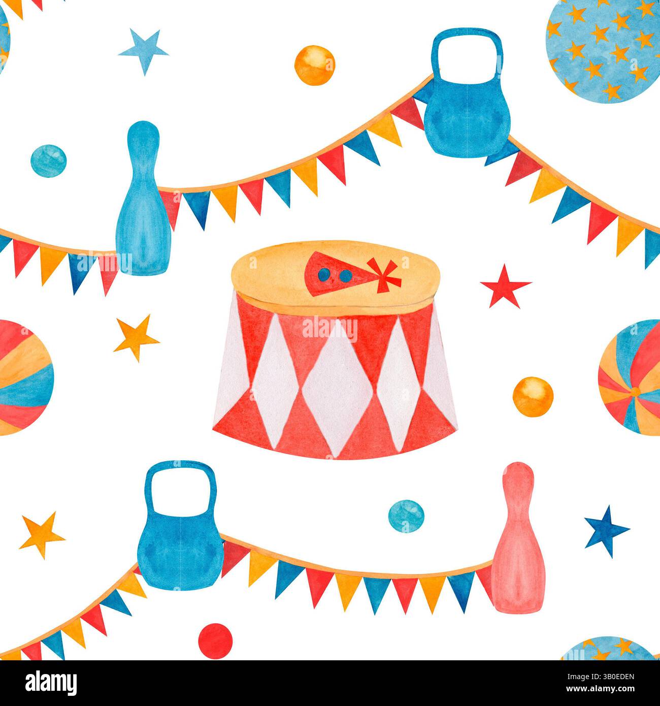 Cartoon nahtlose Muster Aquarell Hand gezeichnete Sterne, Ball, Kettlebell, Girlande, Zirkuspodium auf weißem Hintergrund. Für kindliche Stoffe, Tapeten Stockfoto