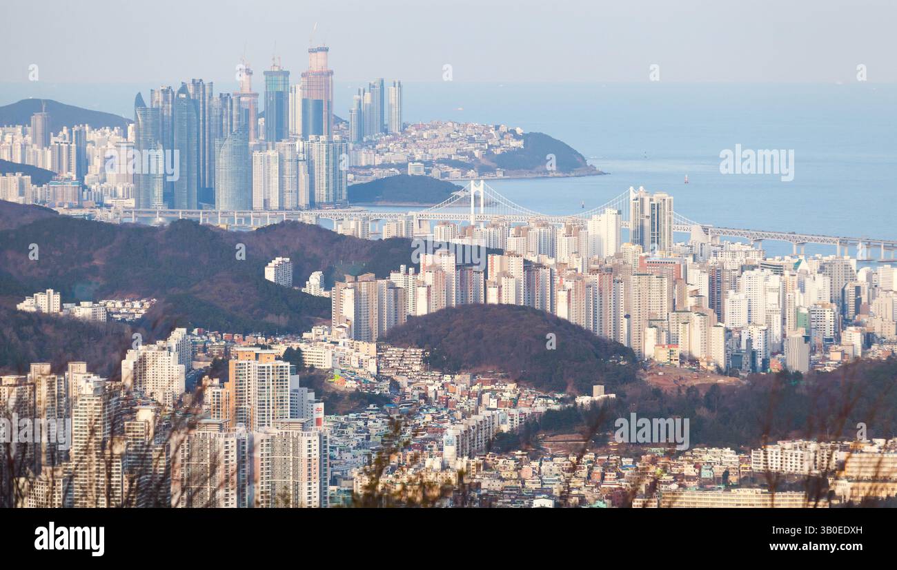 Busan, Südkorea - 22. März 2018: Erhöhter Blick auf eine pulsierende Stadtlandschaft mit modernen Wolkenkratzern, einer großen Brücke und dem Meer Stockfoto