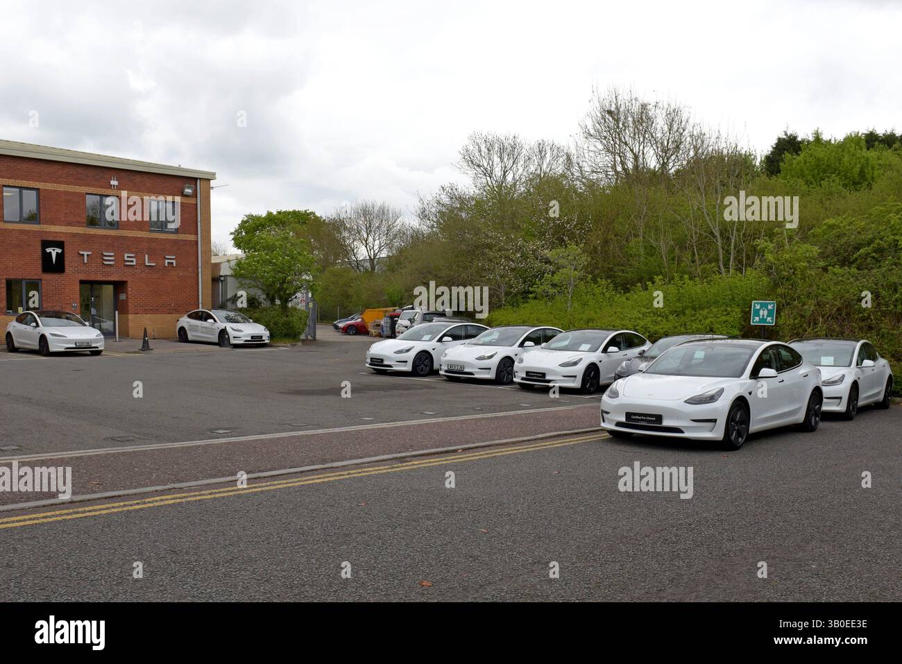 Gebrauchte oder gebrauchte tesla Elektroautos, die im April 2025 bei einem Tesla-Händler in Bristol, Großbritannien, verkauft werden Stockfoto