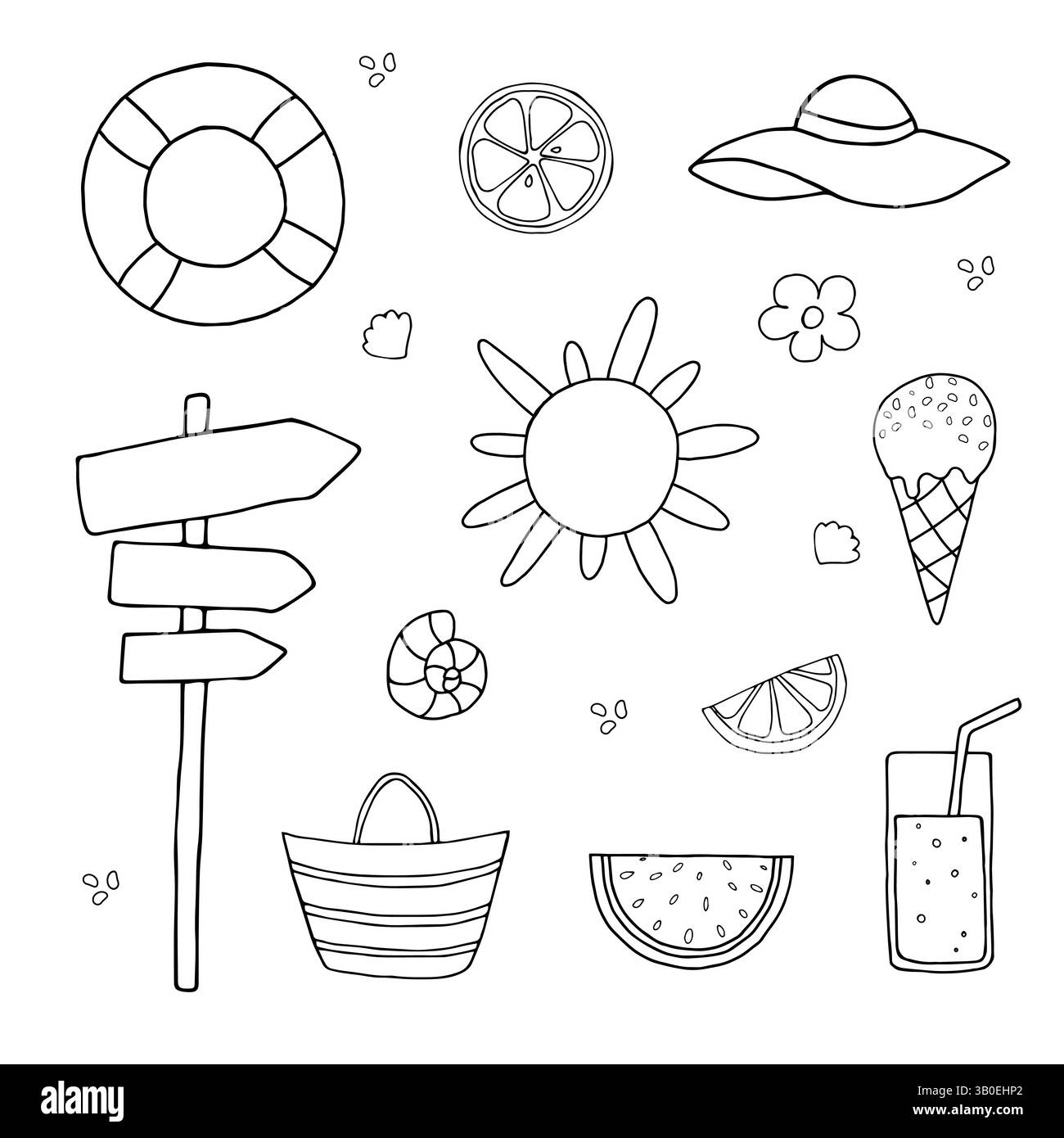 Sommer Doodle Hand gezeichnet Set, Vektor Set. Strandparty, Meer, Reise, Urlaub. Niedliche Illustration. Stock Vektor