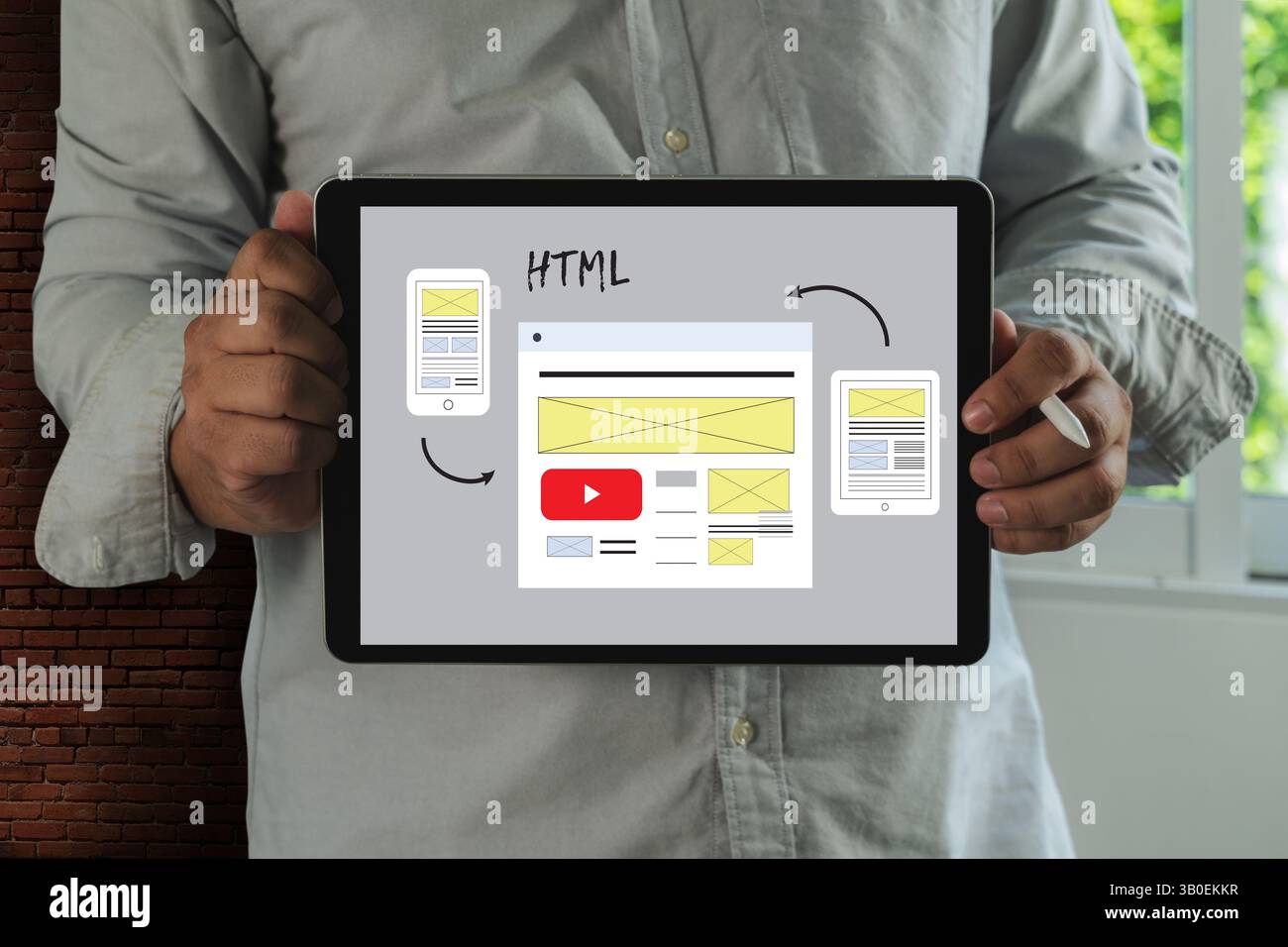 Webdesign von Geschäftsleuten, responsives Website-Layout und Content. Entwicklung einer Landing-Page auf einer LANDING-PAGE auf einem Laptop-Bildschirm (SEO-Konzept) Stockfoto