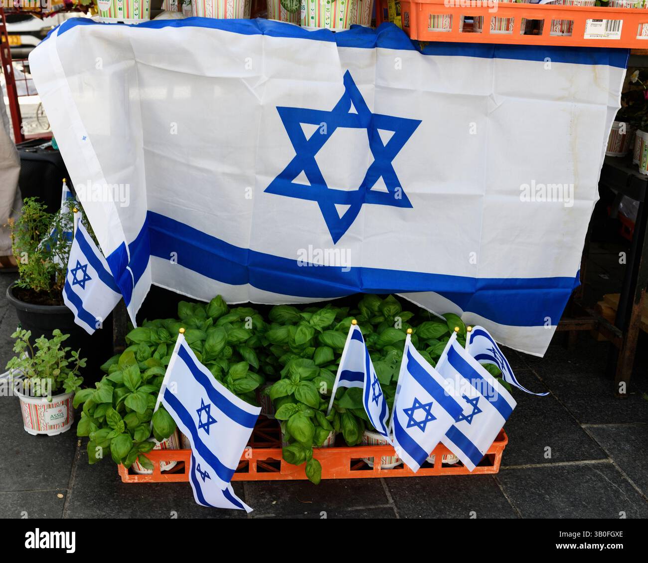 Blaue und weiße Fahnen des Staates Israel mit einem jüdischen Stern, der zwischen den Häuserpflanzen platziert wurde und während des Gedenktages und Independen in Jerusalem verkauft wurde Stockfoto Blaue und weiße Fahnen des Staates Israel mit einem jüdischen Stern, der zwischen den Häuserpflanzen platziert wurde und während des Gedenktages und Independen in Jerusalem verkauft wurde Stockfoto