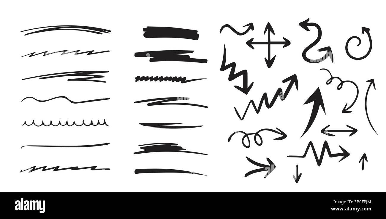 Handgezeichneter Pinselkontur Linien und Pfeile Vektorelement Set. Skizzenhafte Unterstriche, Wirbel, Zickzack- und Richtungspfeile. Vektorabbildung Stock Vektor