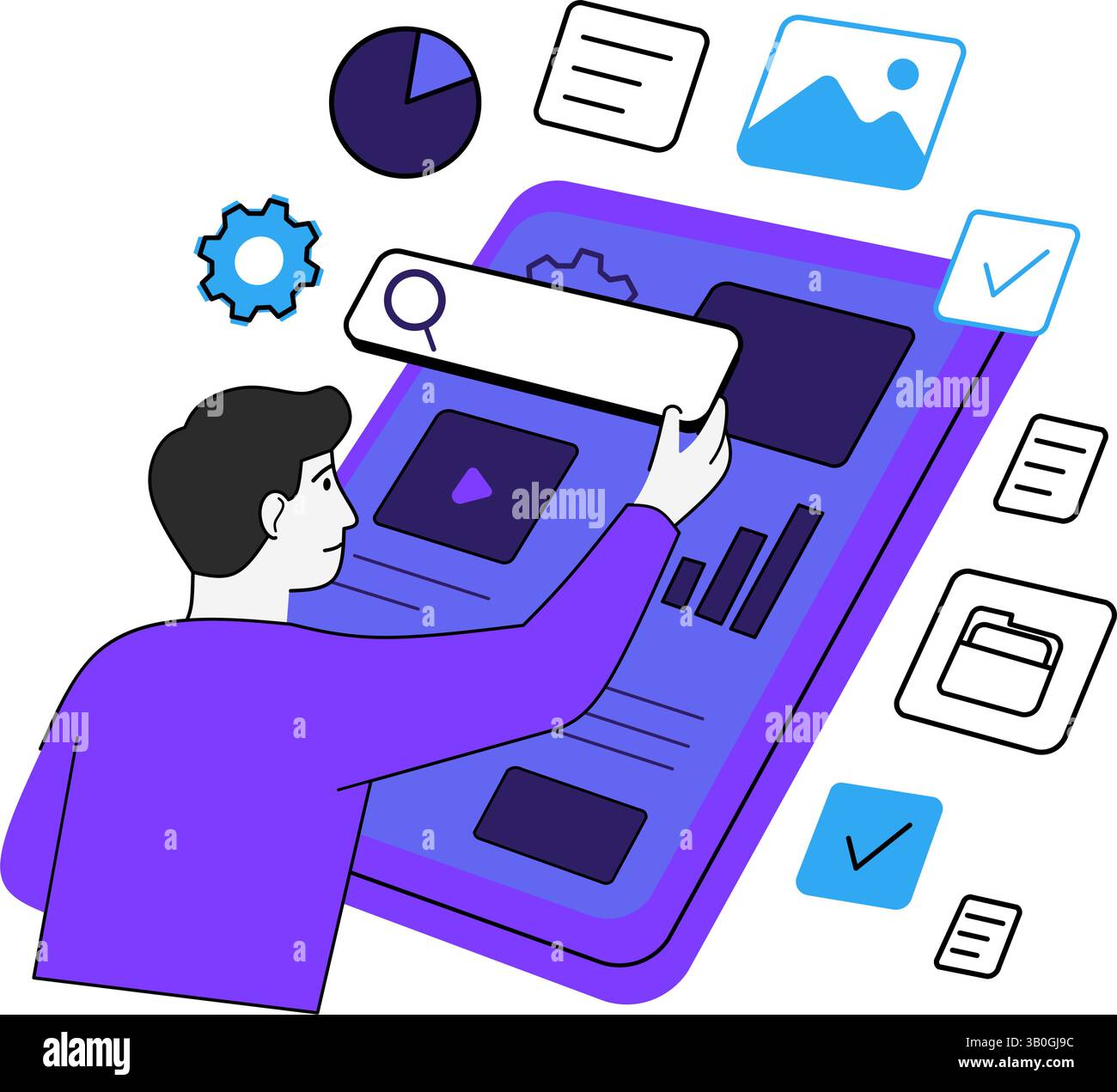 Mann interagiert mit mobilen UI-Elementen, Flat Vector Illustration für App Design oder UX Concept. Mann, der die mobile Benutzeroberfläche/UX auf der Touchscreen-Schnittstelle entwirft. Stock Vektor