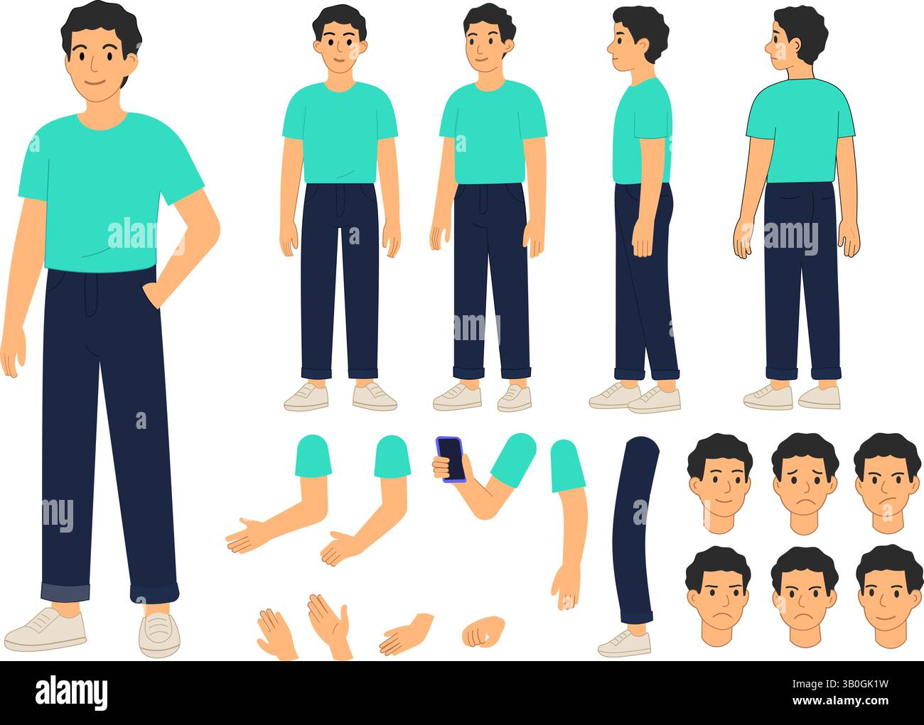Young Male Character Creator Kit | Vector Flat Style | mehrere Posen und Ausdrücke für Animation, UI und Erklärer Stock Vektor