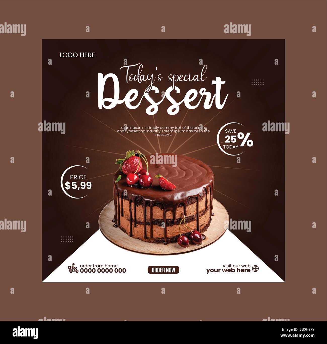 Köstlicher Schokoladenkuchen mit Erdbeeren und Kirschen für das heutige besondere Nachtisch-Post-Design Stock Vektor
