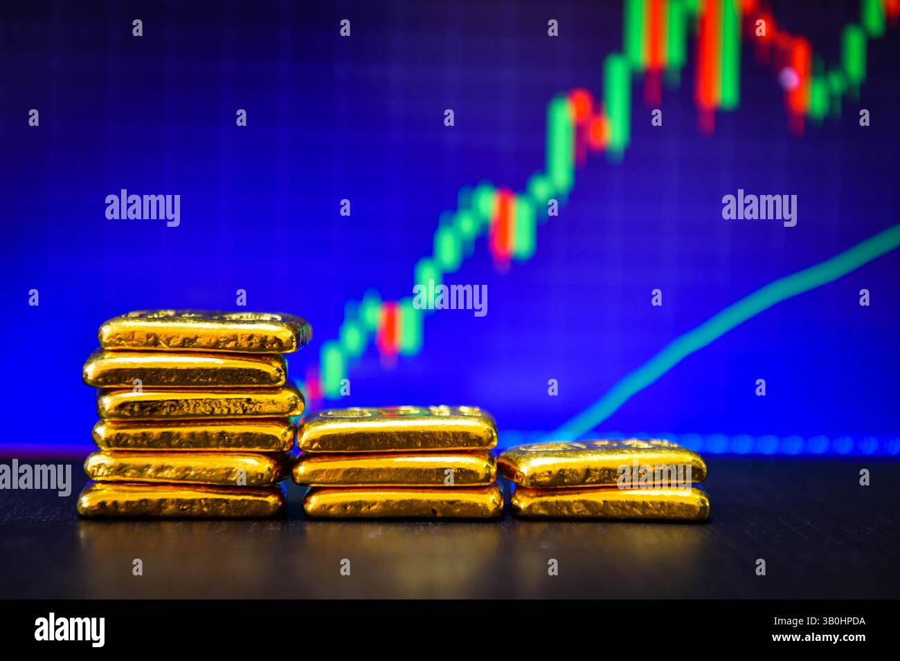 Foto ein Goldbarren der Hintergrund der Kerzendiagramme, Schwankungen der Goldpreise Konzept. Stockfoto