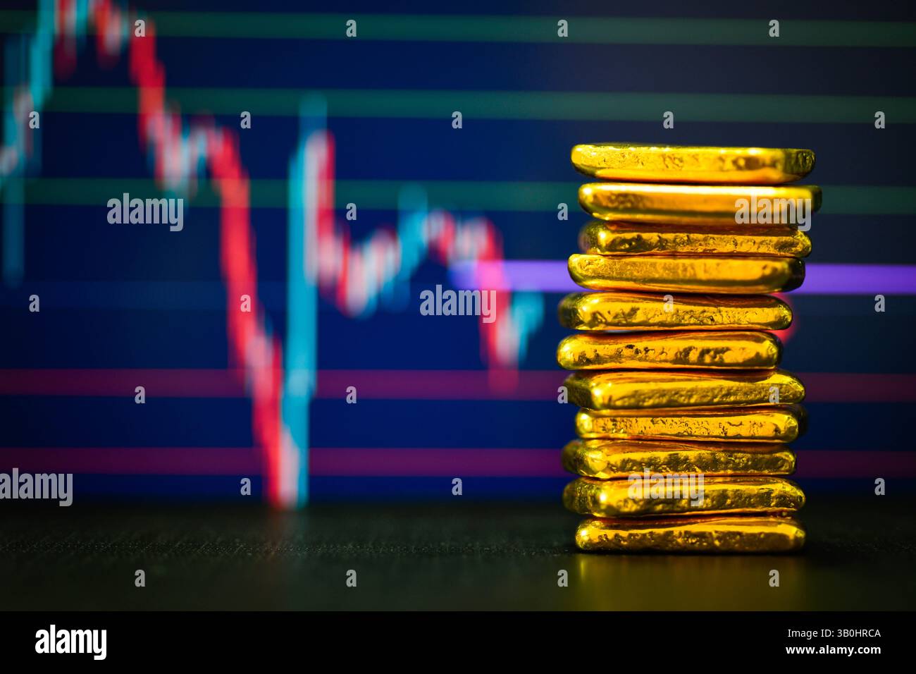 Foto ein Goldbarren der Hintergrund der Kerzendiagramme, Schwankungen der Goldpreise Konzept. Stockfoto