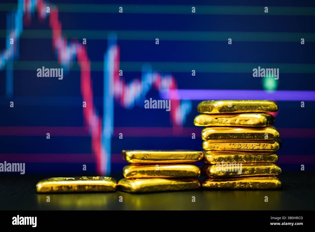Foto ein Goldbarren der Hintergrund der Kerzendiagramme, Schwankungen der Goldpreise Konzept. Stockfoto