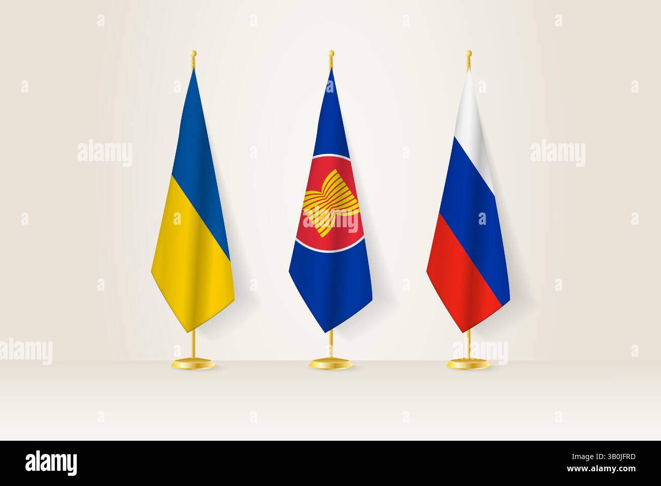 Vertretung der diplomatischen Treffen, Flagge der Ukraine, der ASEAN und Russlands. Flaggen auf diplomatischen Tribünen. Vektorabbildung. Stock Vektor