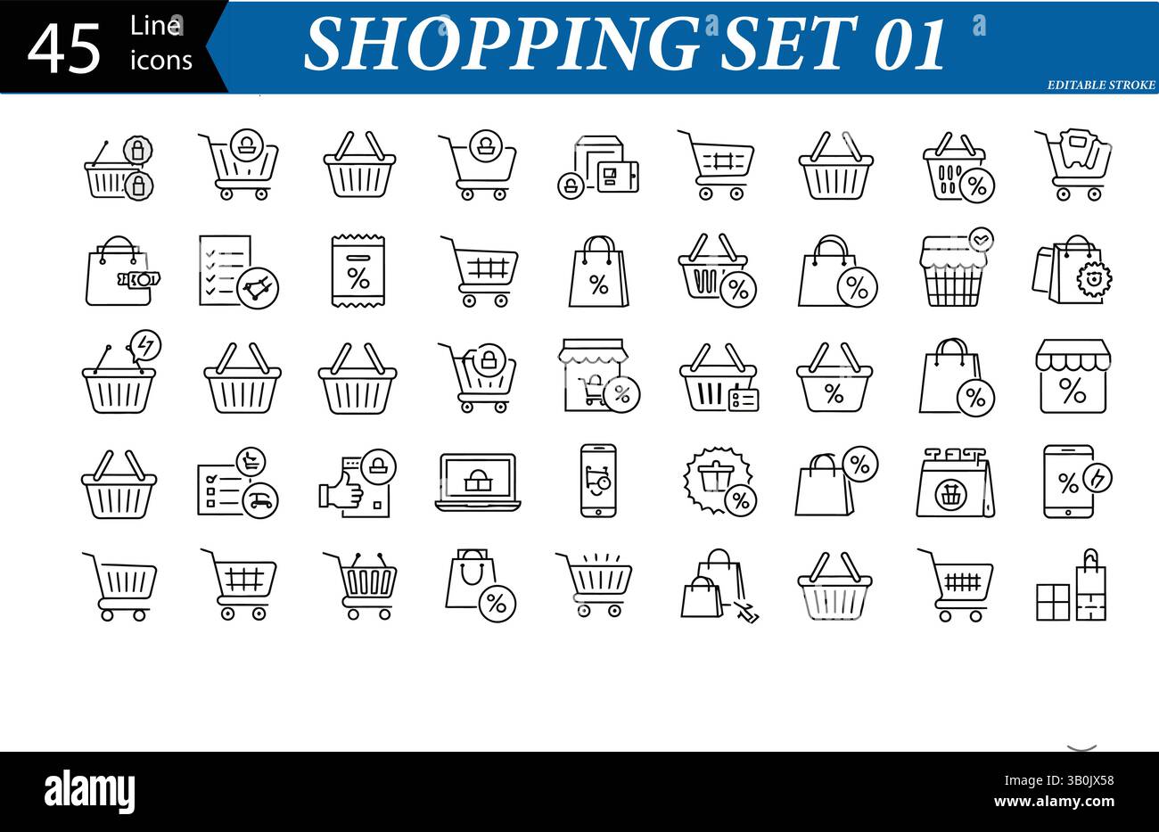 45 Symbolsatz Für Einkaufslinien – Warenkorb, Warenkorb, Verkauf, Rabatt, Geschäft, E-Commerce-Vektorsymbole Stock Vektor