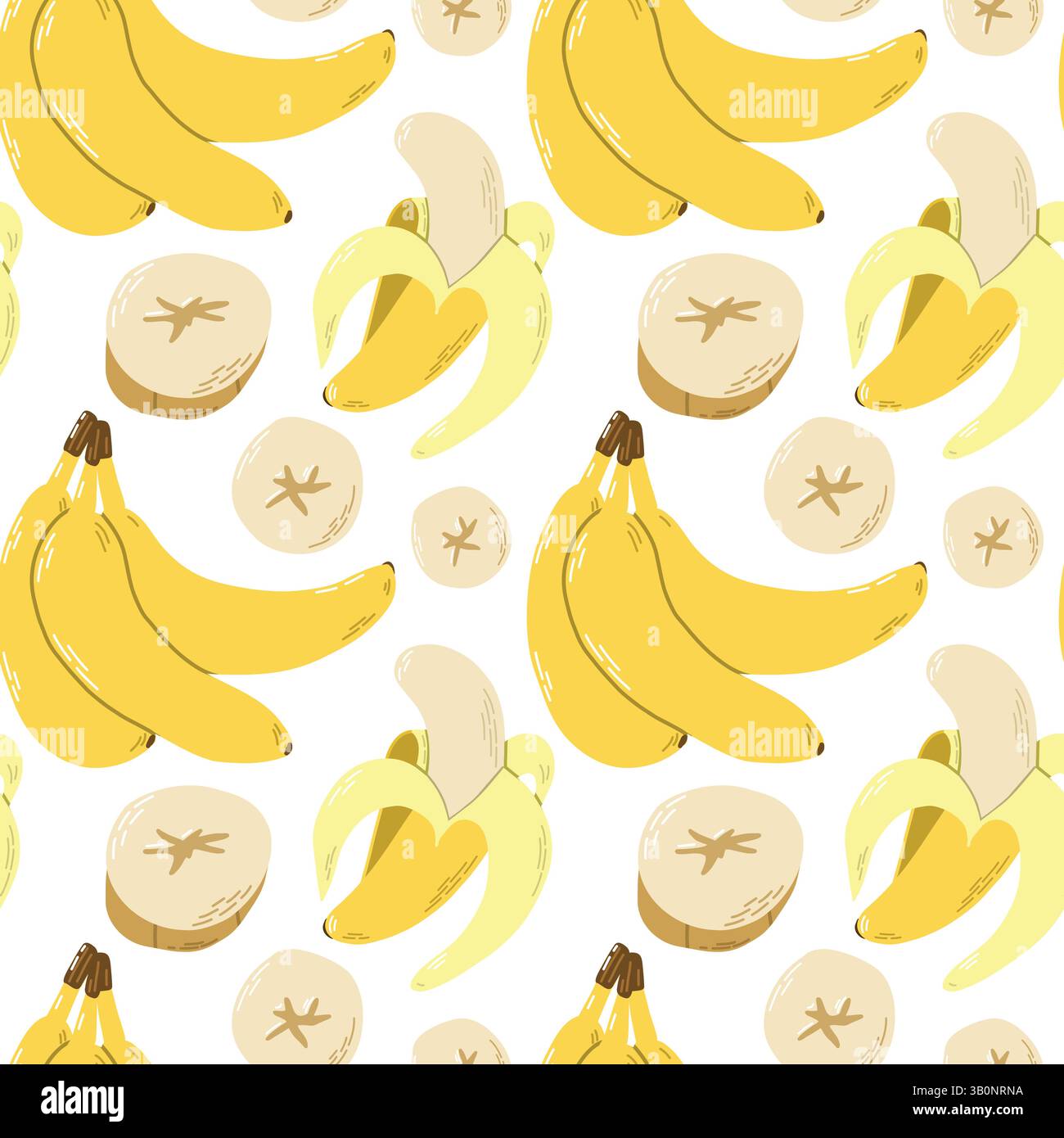Helles Bananenmuster mit ganzen, geschälten und in Scheiben geschnittenen Bananen-Illustrationen Stock Vektor