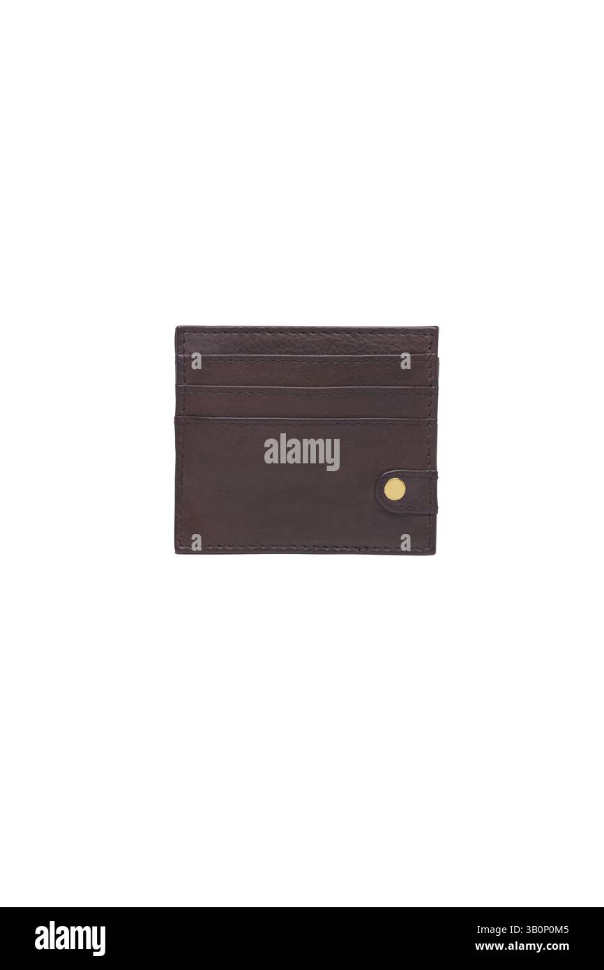 Der elegante Kartenhalter aus braunem Leder mit Druckknopfverschluss bietet einen minimalistischen Stil und eine praktische Organisation Stockfoto