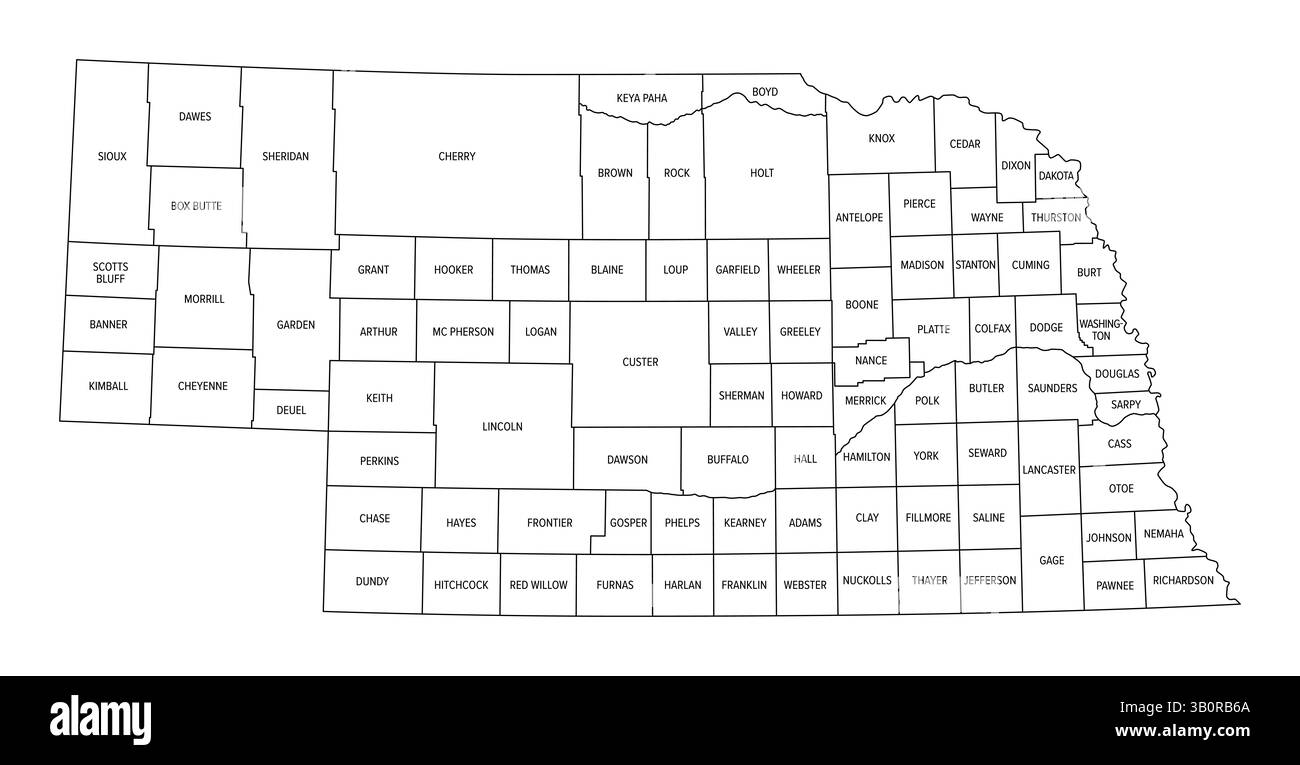 Bundesstaat Nebraska, unterteilt in 93 Countys, Umrisskarte. Dreifach eingeschlossener Bundesstaat im Mittleren Westen der Vereinigten Staaten. Stockfoto