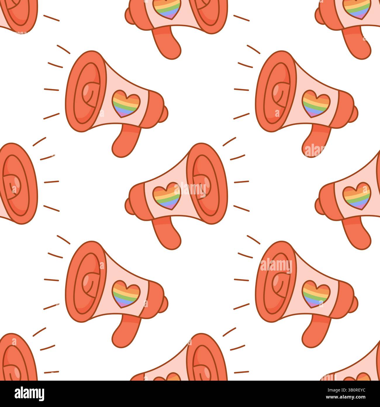 Farbenfrohes Muster mit Megaphonen und Regenbogenherzen. Steht für Stolz, Stimme, Unterstützung und Fürsprache von LGBTQ. Stock Vektor