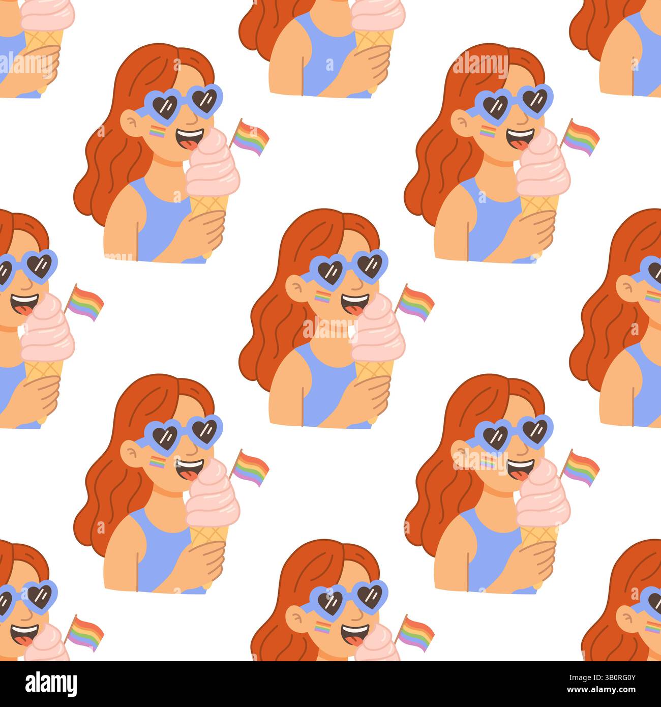 Nahtloses Zeichentrickmuster eines lächelnden Mädchens mit Regenbogeneis und Flagge. LGBTQ Freiheit und Liebe feiern. Stock Vektor