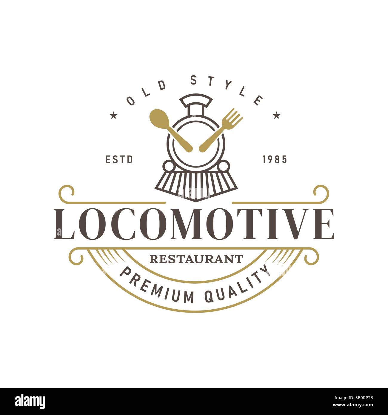 Trainiere mit Löffel und Gabel im Retro-Vintage-Stil für Restaurant- oder Cafe-Logo im Retro-Stil Stock Vektor