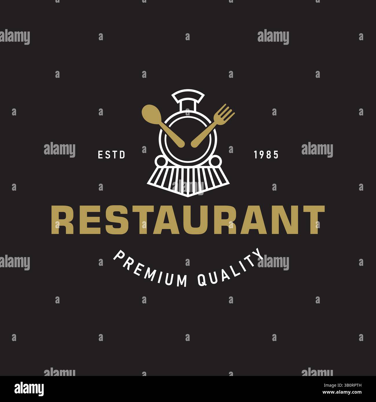 Trainiere mit Löffel und Gabel im Retro-Vintage-Stil für Restaurant- oder Cafe-Logo im Retro-Stil. Schwarzer Hintergrund Stock Vektor