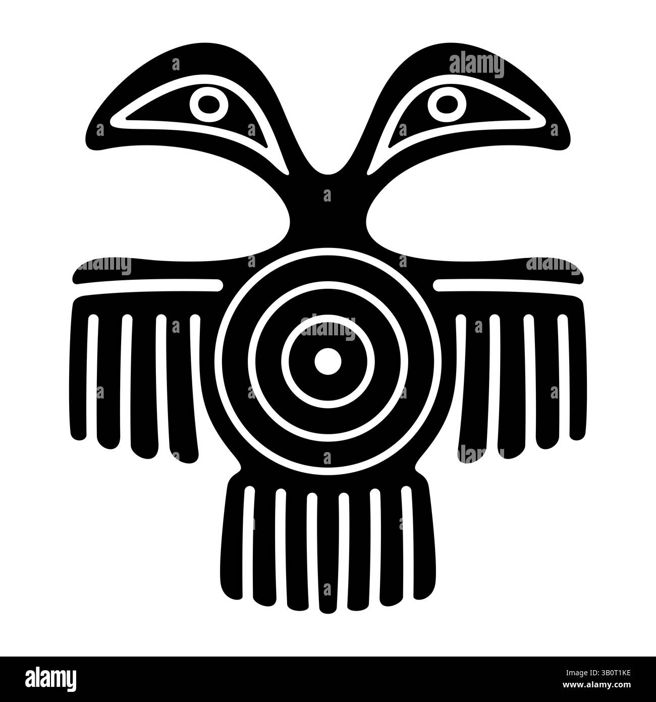 Fantastisches Vogelmotiv des alten Mexiko. Aztekische Flachstempel-Motiv mit doppelköpfigem Vogel spreizt seine Flügel und die optische Illusion von starrenden Augen. Stockfoto