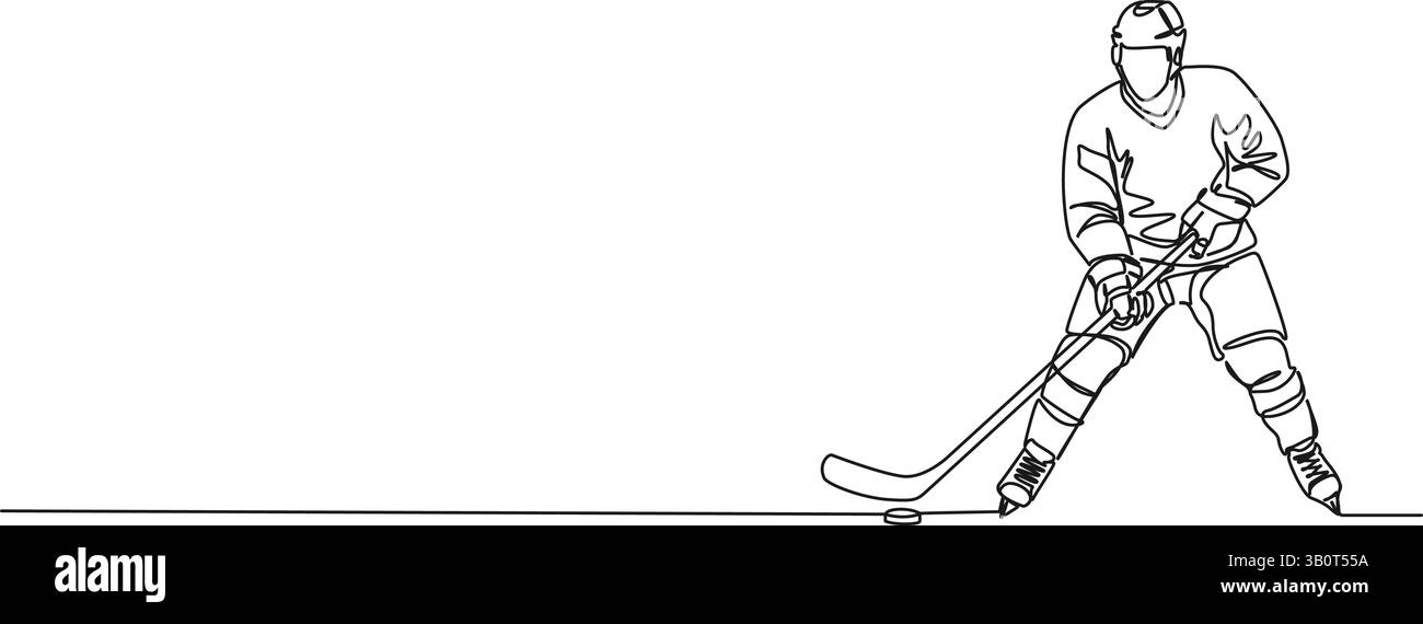 Durchgehende Einzelzeilenzeichnung eines Eishockeyspielers, Strichkunstvektorillustration Stock Vektor
