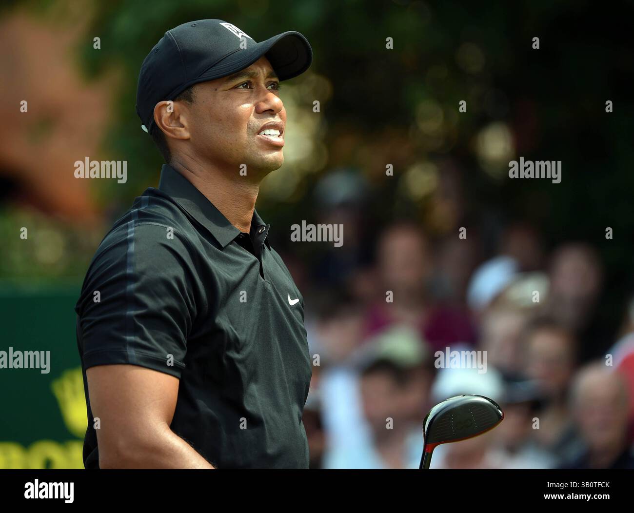 Juli 2014; Wirral, Merseyside, GBR; Tiger Woods schlägt am 5. in seiner zweiten Runde bei der 143. Open Championship im Royal Liverpool Golf Club ab. Stockfoto