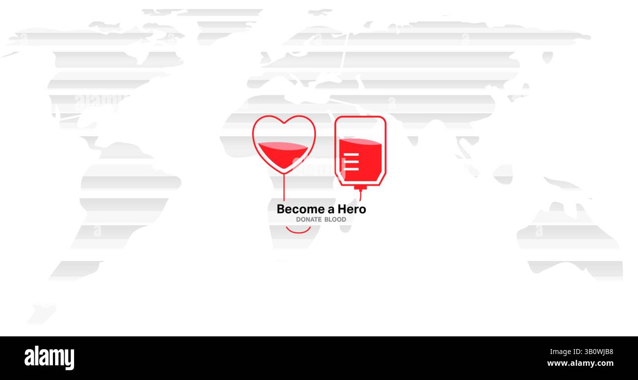 Bild des Symbols für Blutspende und Text über Weltkarte Stockfoto
