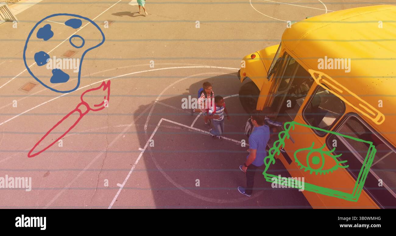 Bild von Palette und Pinsel über verschiedene Schüler, die in den Schulbus gehen Stockfoto