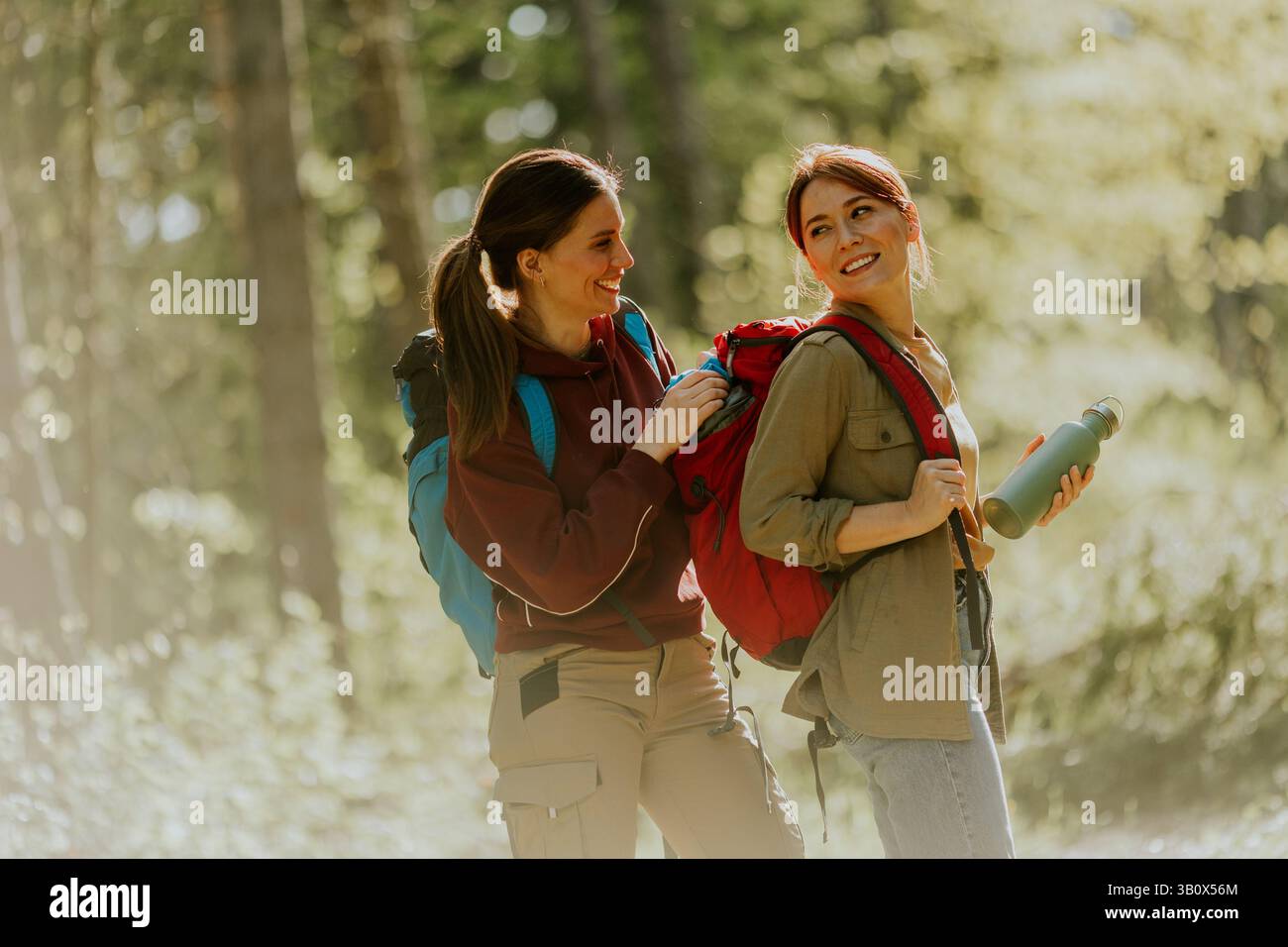 Zwei Freunde genießen eine unbeschwerte Wanderung in einem grünen Wald, umgeben von hohen Bäumen und Sonnenstrahlen, die das Wesen der Outdoor-Erkundung einfangen. Stockfoto