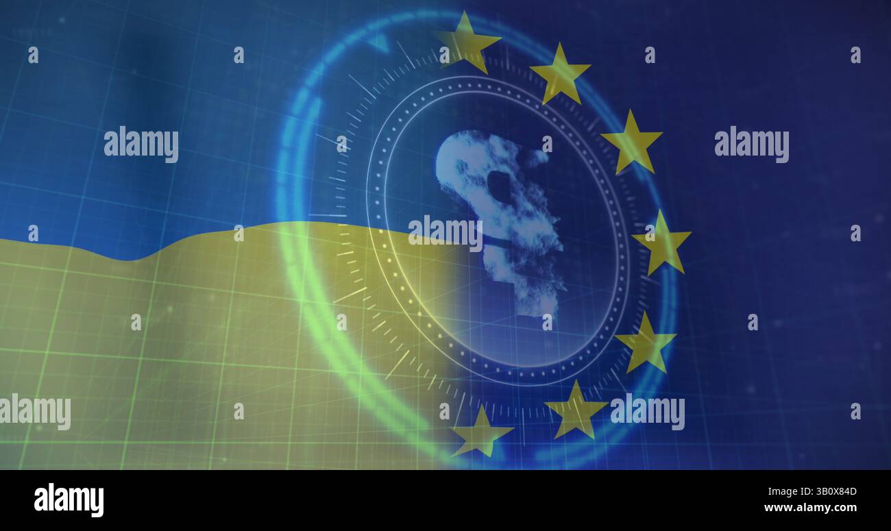 Bild des Scan-Scope über ukrainischen und eu-Flaggen Stockfoto