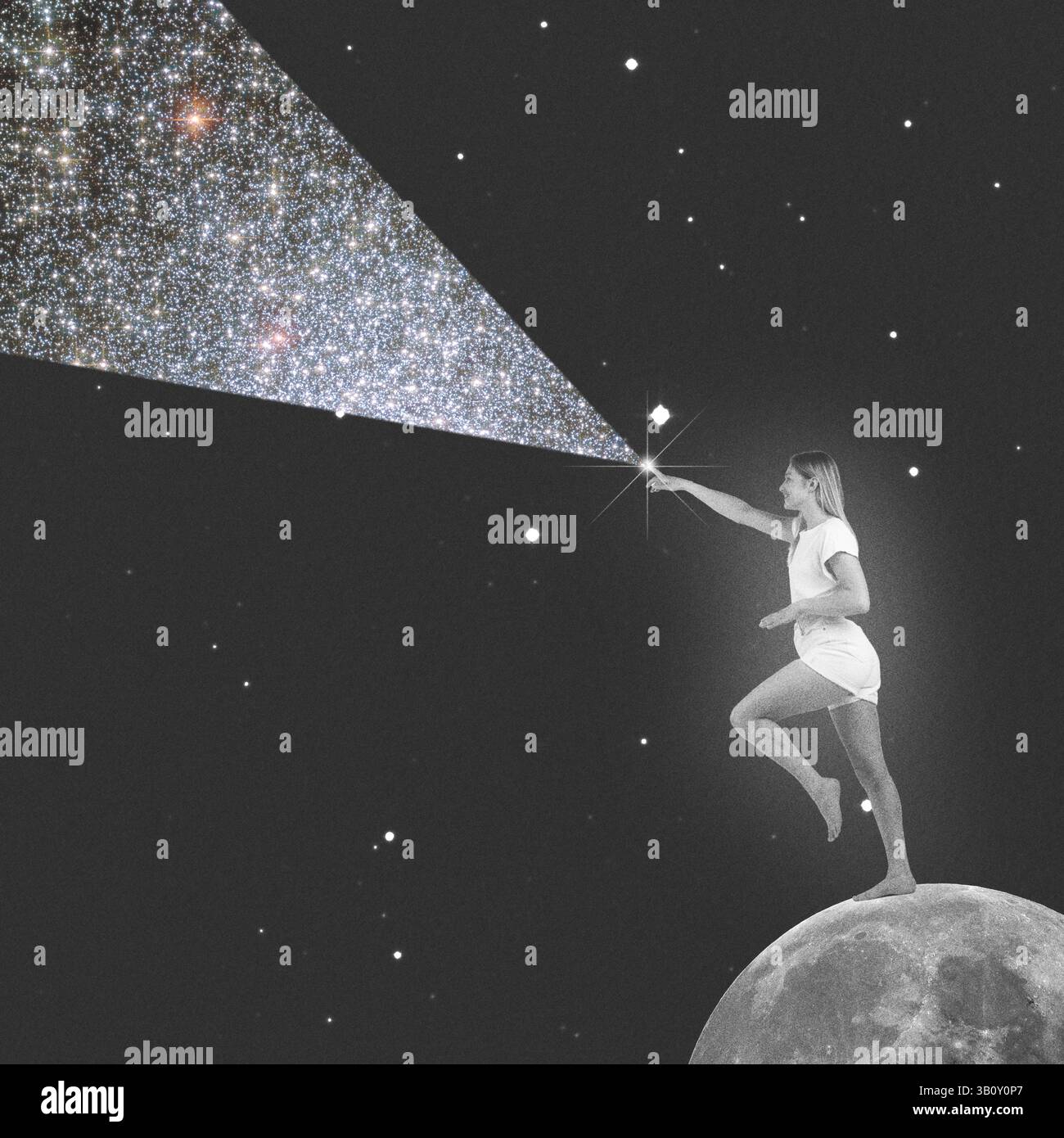 Abstrakte Collage-Illustration einer Frau, die Sterne erreicht und auf dem Mond steht. Grunge-, Rauschen- und Bewegungsunschärfeeffekt im Retro-Vintage-Stil. Element Stockfoto