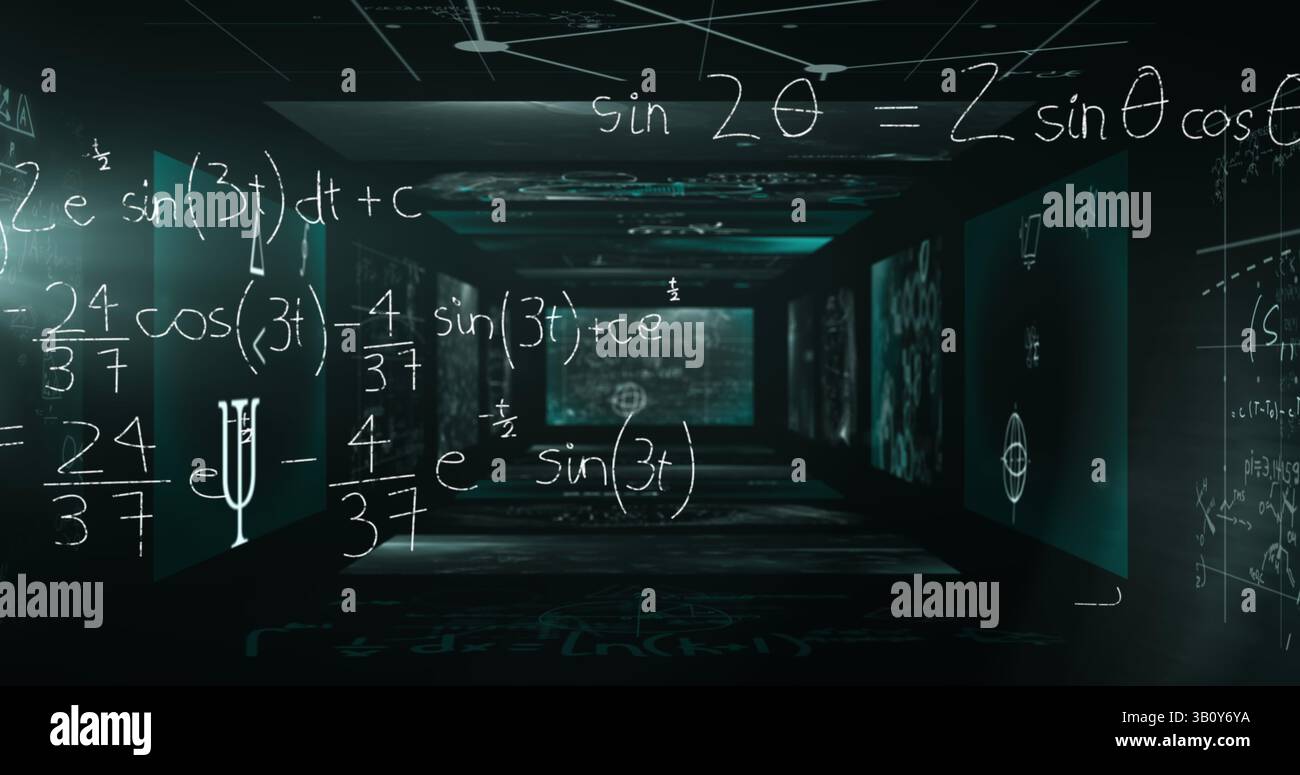 Bild von mathematischen Gleichungen über schwarzem Hintergrund Stockfoto
