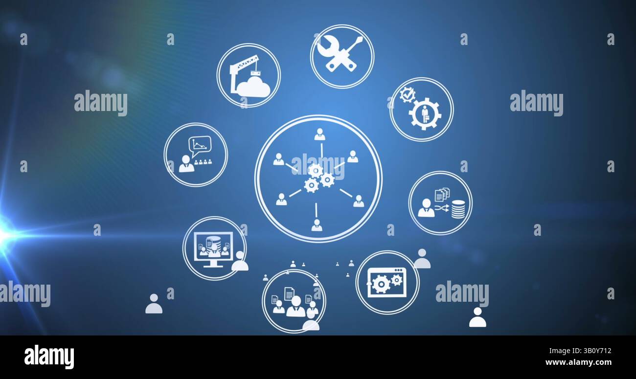 Bild der Geschäftssymbole auf blauem Hintergrund Stockfoto