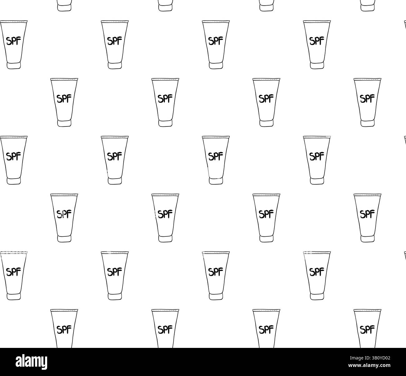 Nahtloses Muster mit Sonnenschutz. SPF-Creme-Röhrchen. Eine Tube Sonnencreme zum Schutz der Sonne. Vektor-Grafik-Linie Tinte Sommerelement für Reisen, Tourismus, Stock Vektor