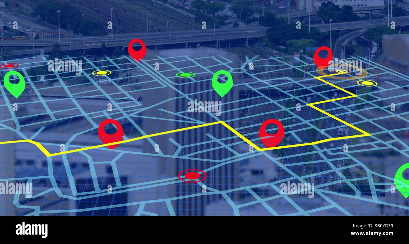 Navigatornadel über dem Linienschema der Navigationskarte gegen Luftaufnahme des Stadtverkehrs Stockfoto