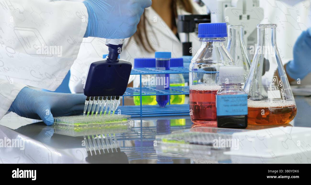 Bild chemischer Formeln über Händen eines kaukasischen Laborarbeiters mit Proben Stockfoto