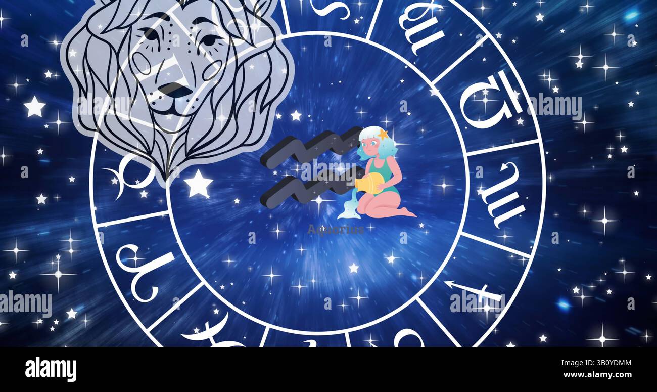 Bild von Horoskop-Symbolen über Sternen auf blauem Hintergrund Stockfoto