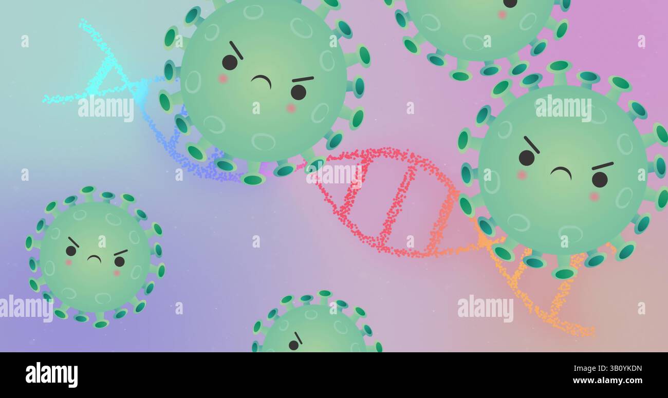 Schwimmendes grünes Virus mit wütendem Gesicht, das im abstrakten digitalen Raum driftet, mit bunter DNA-Helix Stockfoto