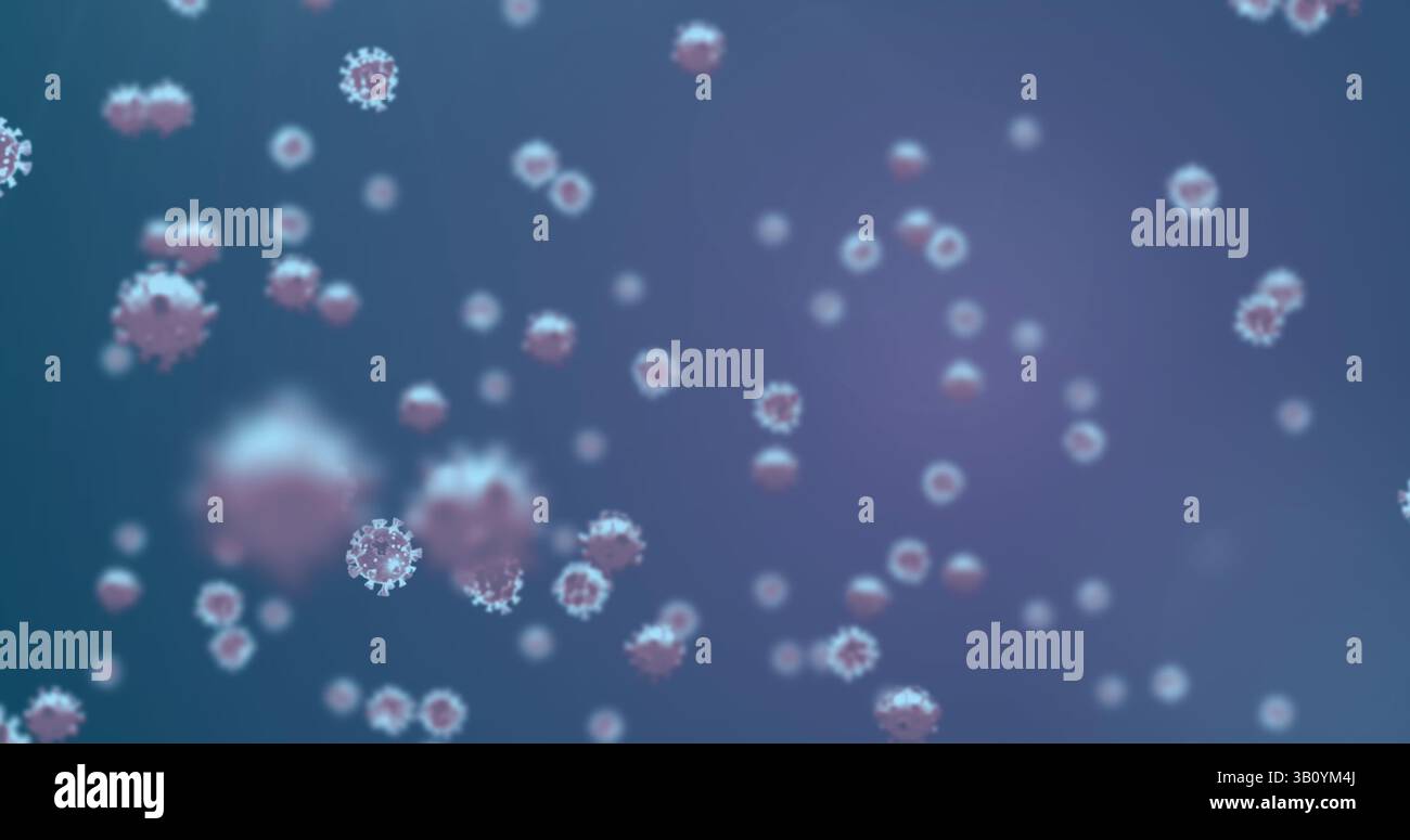 Schwimmendes Virion-Cluster-Drifting in digitaler mikroskopischer Umgebung, mit Spike-Proteinen Stockfoto Schwimmendes Virion-Cluster-Drifting in digitaler mikroskopischer Umgebung, mit Spike-Proteinen Stockfoto