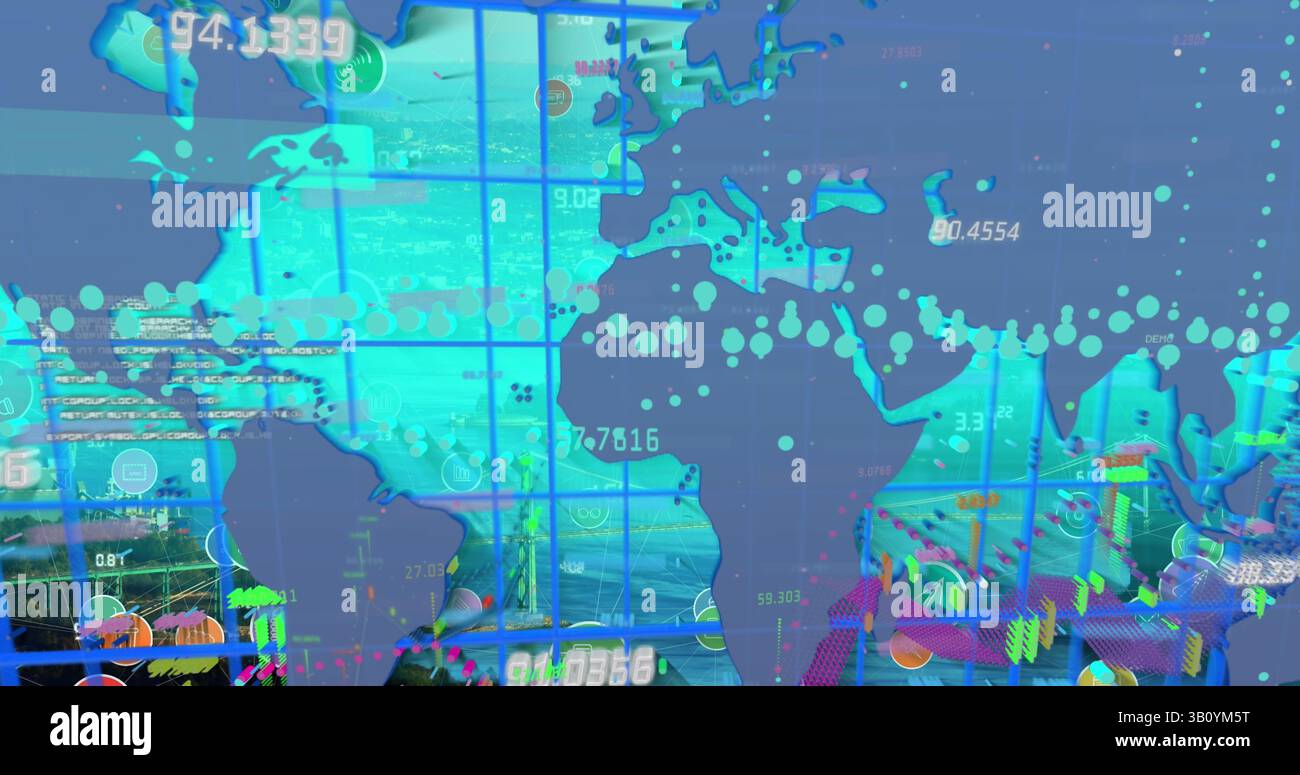 Bild von Diagrammen und Daten über Weltkarte Stockfoto