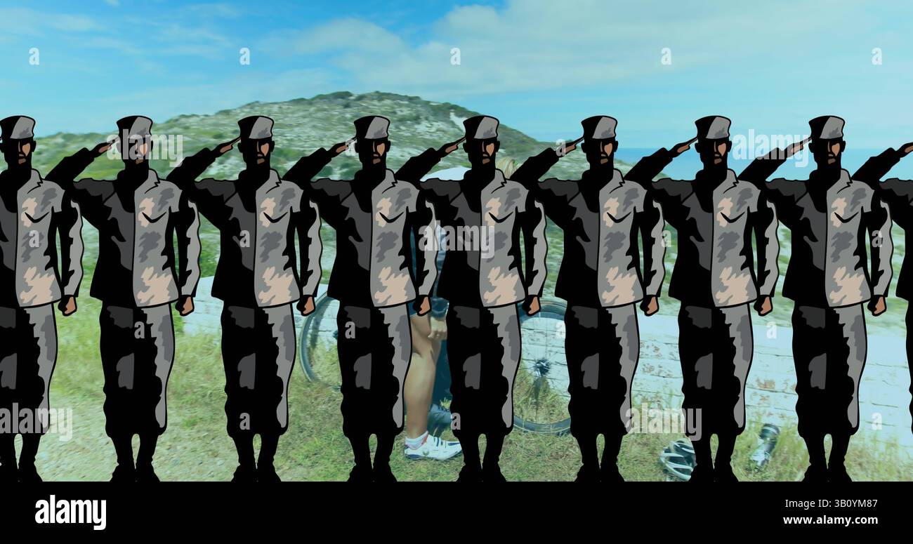 Bild von Soldatensymbolen über dem Radfahren einer kaukasischen Frau Stockfoto