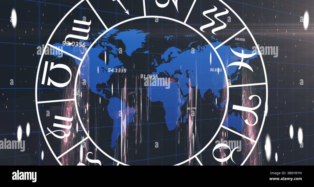 Bild des Sternzeichens über Datenverarbeitung und Weltkarte auf schwarzem Hintergrund Stockfoto