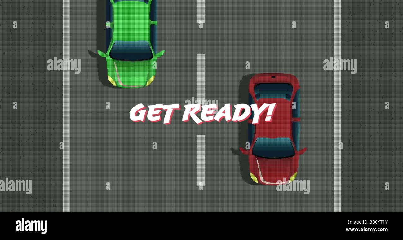 Bild von „bereit machen“-Text über Bildschirm mit Autorennen-Bildspiel Stockfoto