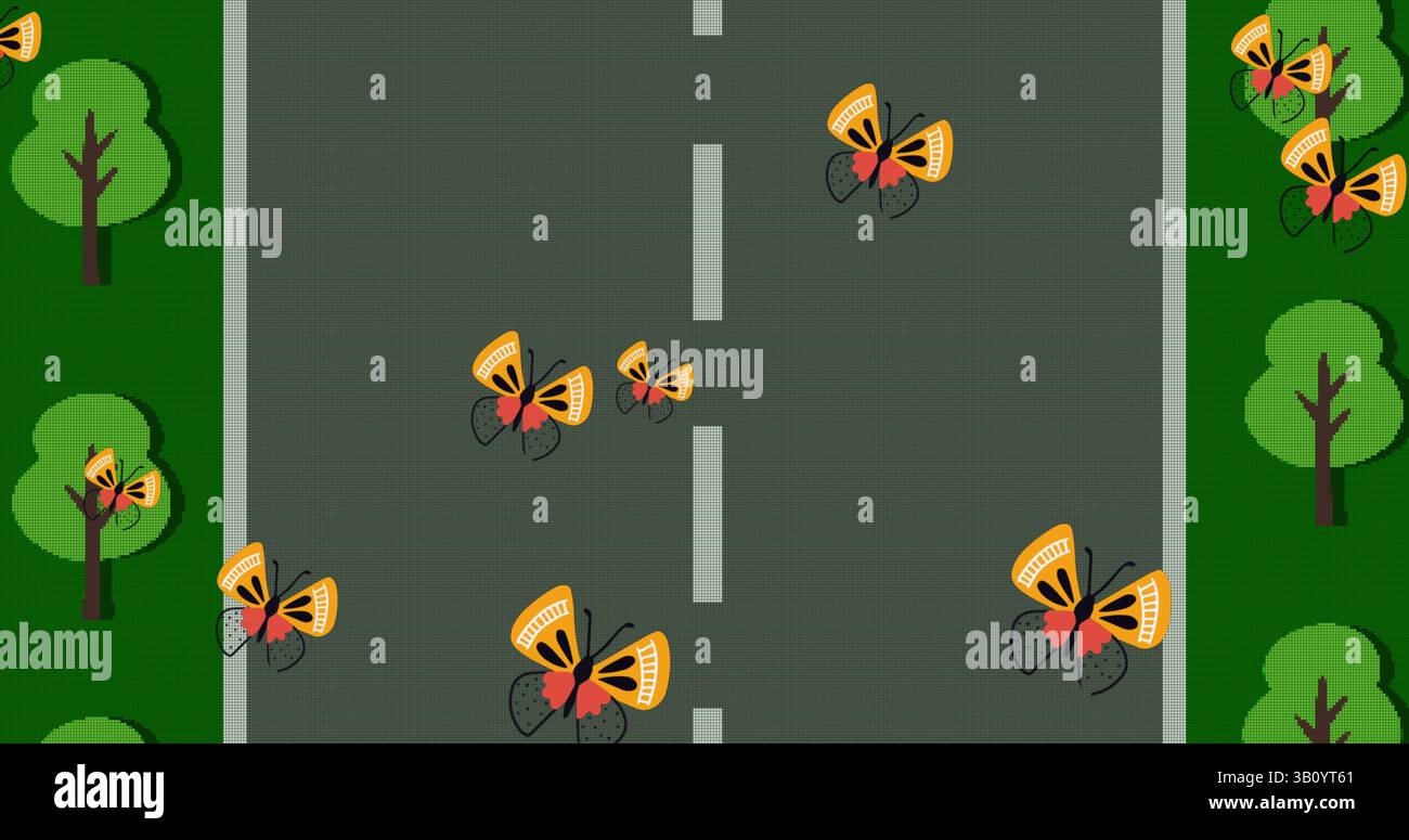 Bild von Schmetterlingen über dem Bildschirm mit Straßenbild-Spiel Stockfoto