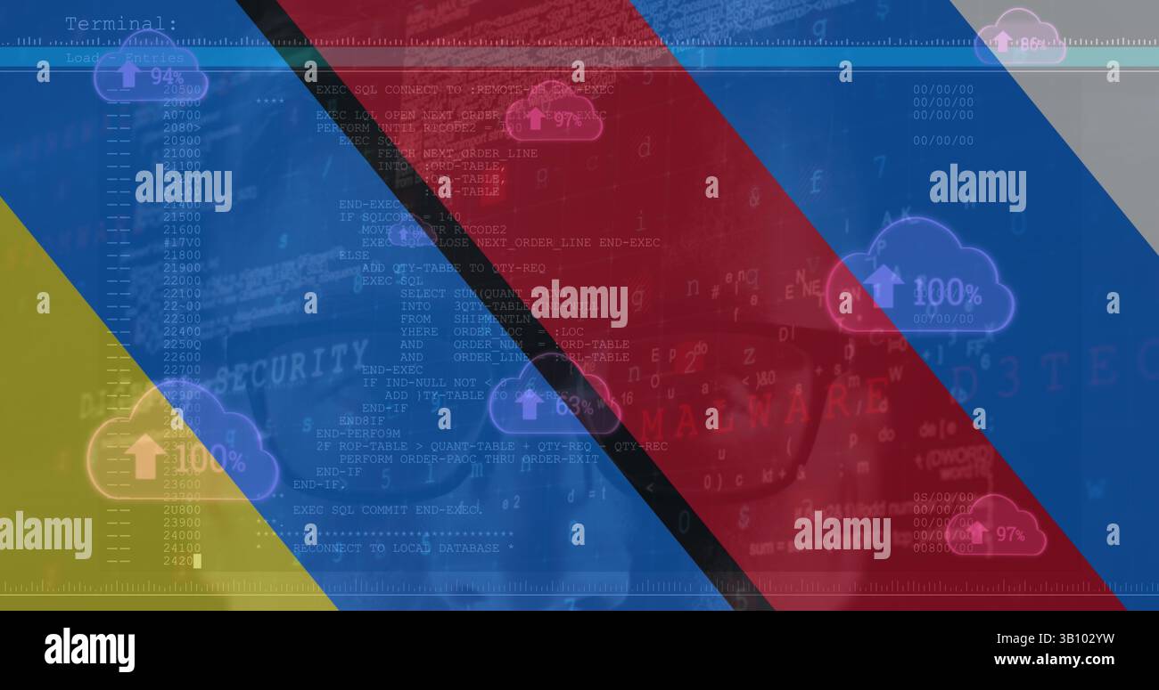 Bild des männlichen kaukasischen Hackers und Datenverarbeitung über der Flagge der ukraine und russlands Stockfoto