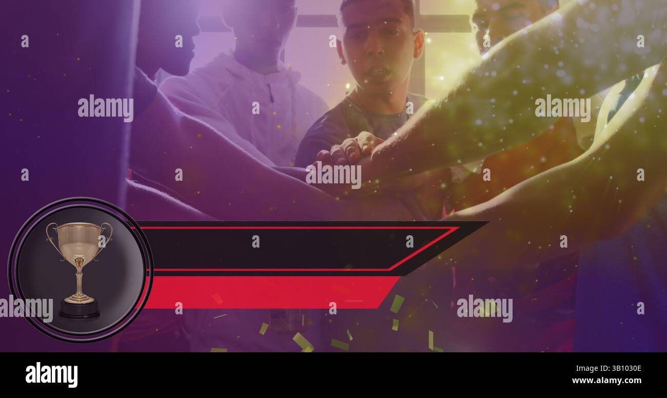 Bild von Konfetti und Tasse über glücklichen, verschiedenen männlichen Fußballspielern, die nach dem Spiel die Hände klatschen Stockfoto