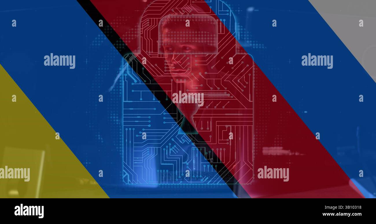 Bild eines männlichen Hacker, Ordner und digitales Vorhängeschloss über der Flagge der ukraine und russlands Stockfoto