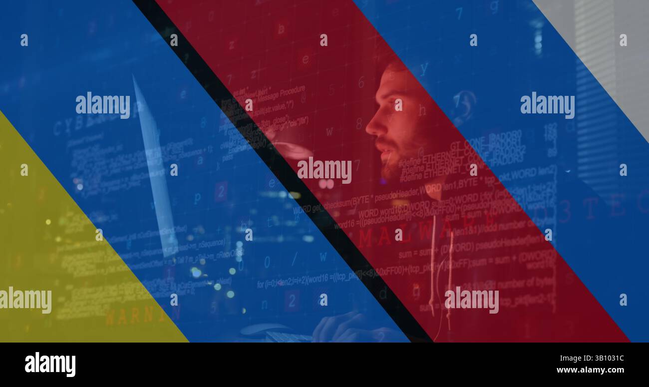 Bild eines männlichen kaukasischen Hackers über der Flagge russlands und der ukraine Stockfoto