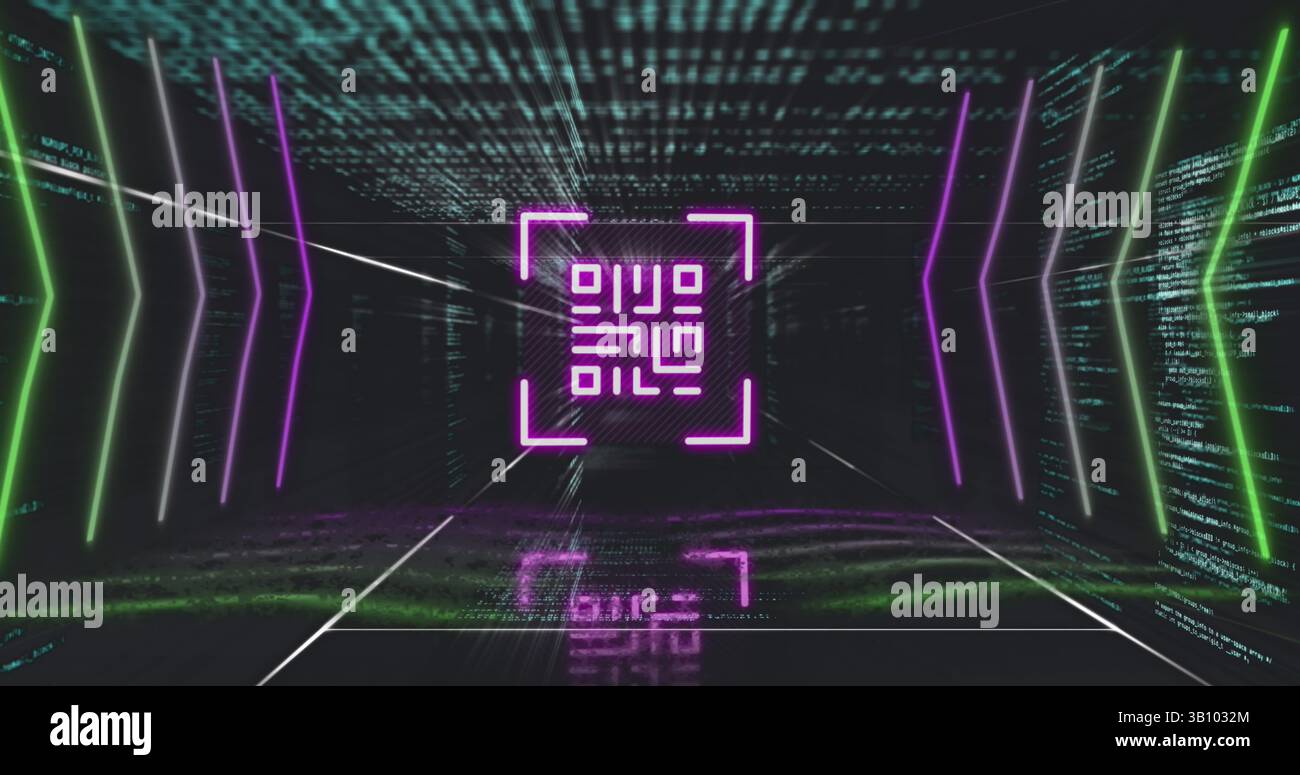 Bild des qr-Codes über Neonformen und Datenverarbeitung auf schwarzem Hintergrund Stockfoto