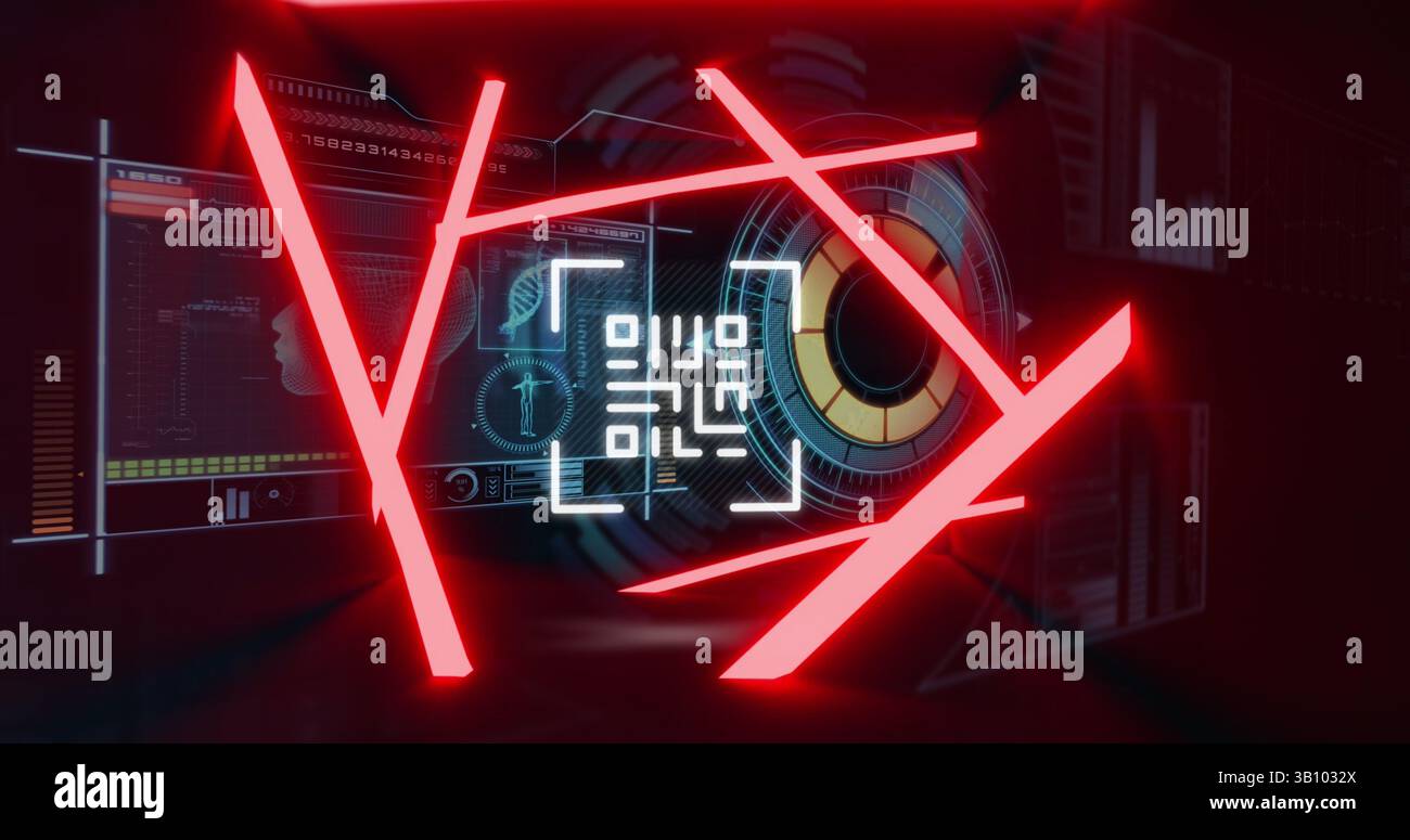 Bild des qr-Codes über Neonformen und Datenverarbeitung auf schwarzem Hintergrund Stockfoto