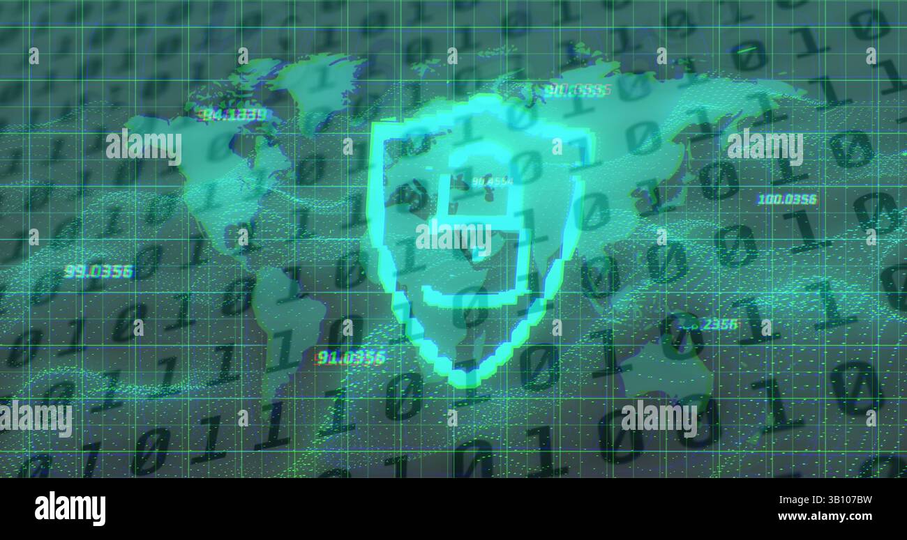 Sicherheitsvorhängeschloss und Schildsymbol über Weltkarte und Datenverarbeitung mit binärer Codierung Stockfoto